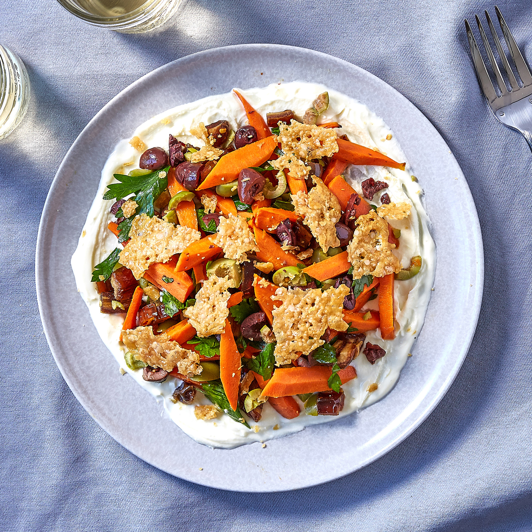 Mediterranean Carrot Salad with Creme Fraiche and Parmigiano Frico