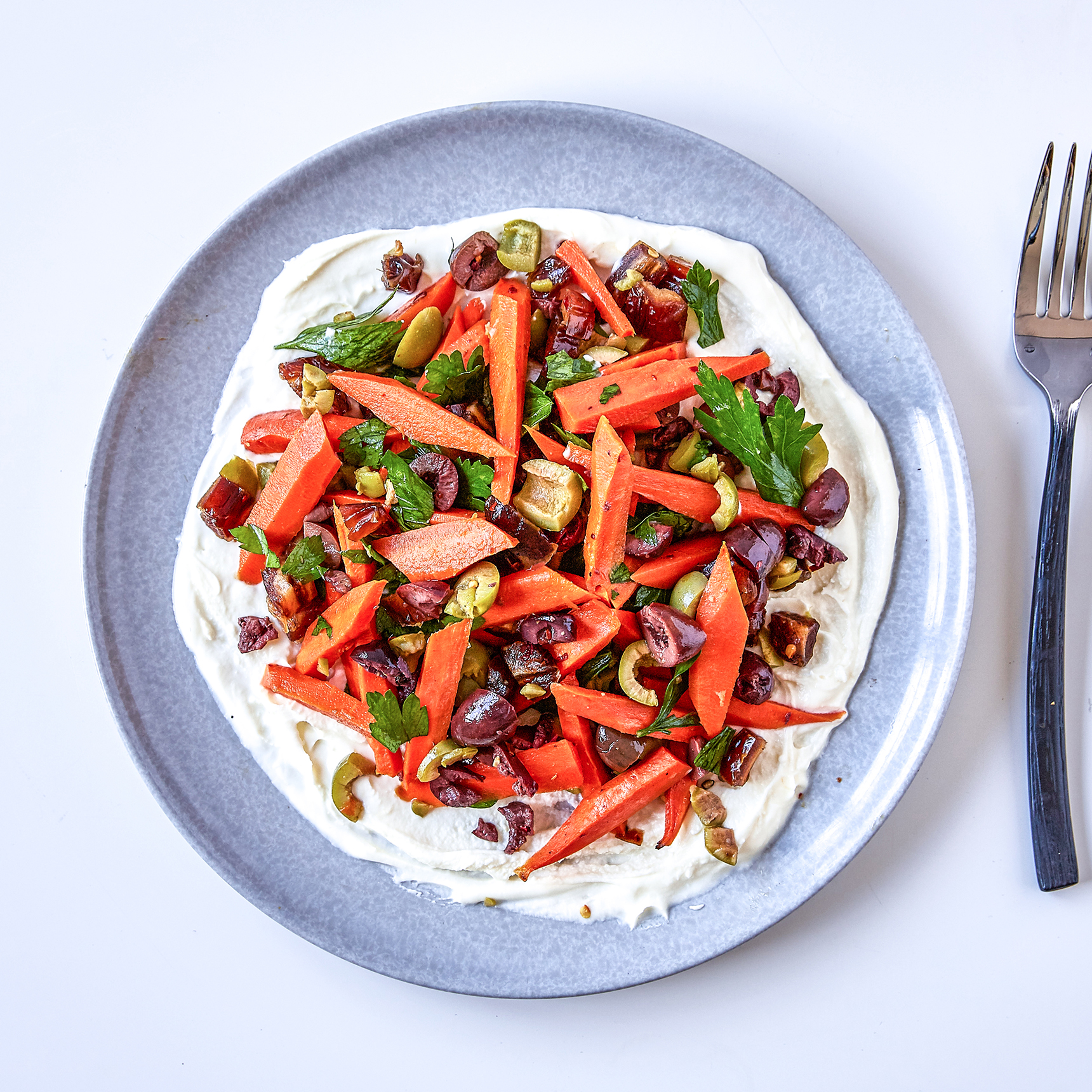 Mediterranean Carrot Salad with Creme Fraiche and Parmigiano Frico