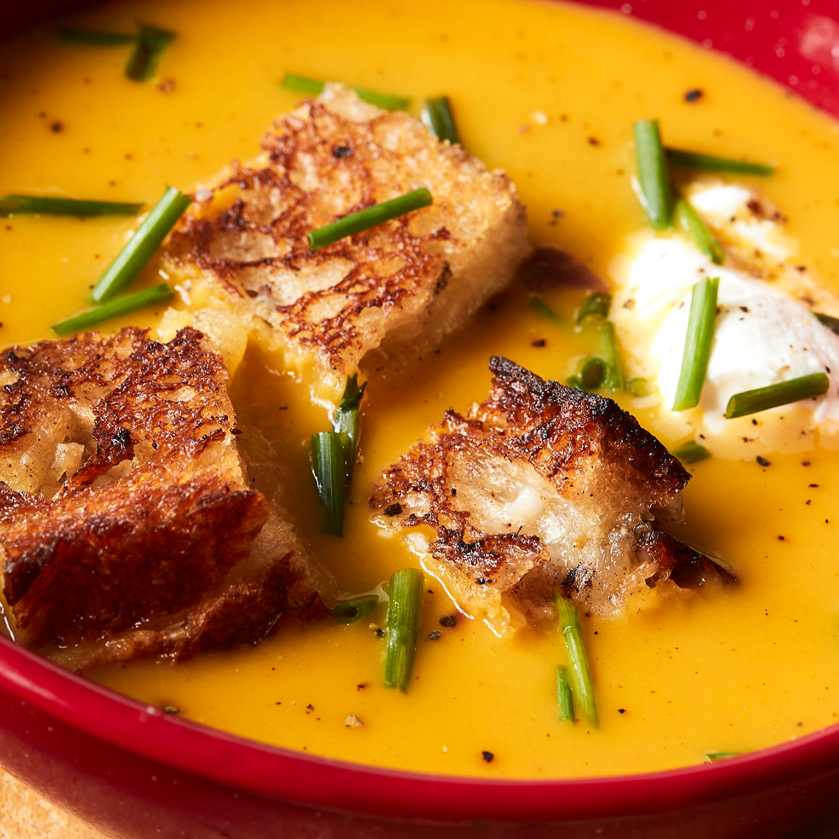 View item BUTTERNUT SQUASH SOUP WITH GRILLED CHEESE CROUTONS